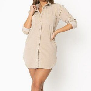 Long Sleeve Corduroy Shirt Dress Stone Button front S M L XL